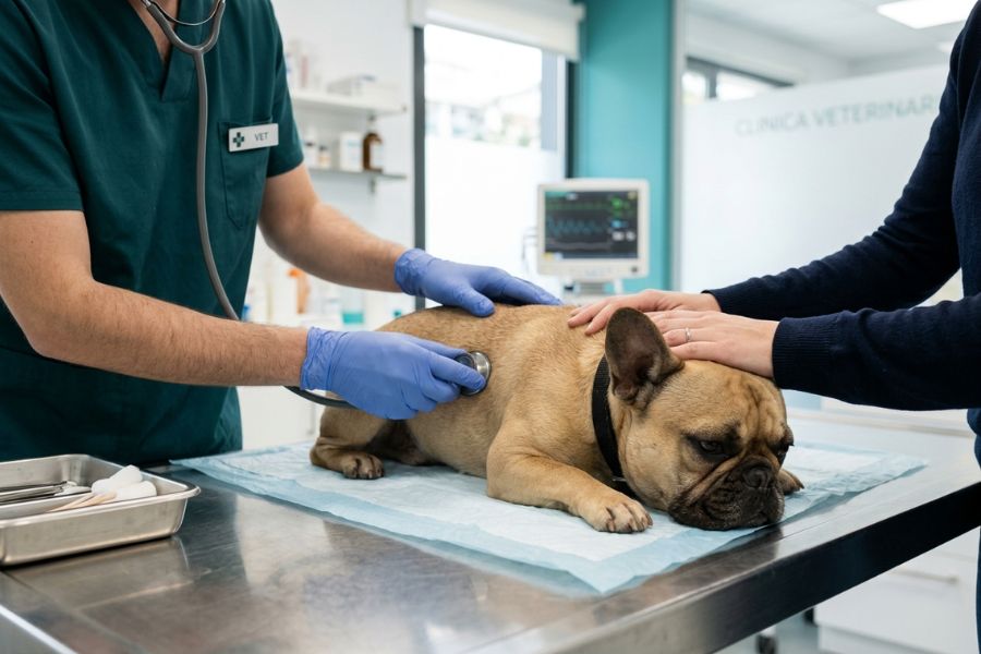 eterinario auscultando a un Bulldog Francés que presenta decaimiento y babeo, buscando arritmias o problemas respiratorios por toxinas.