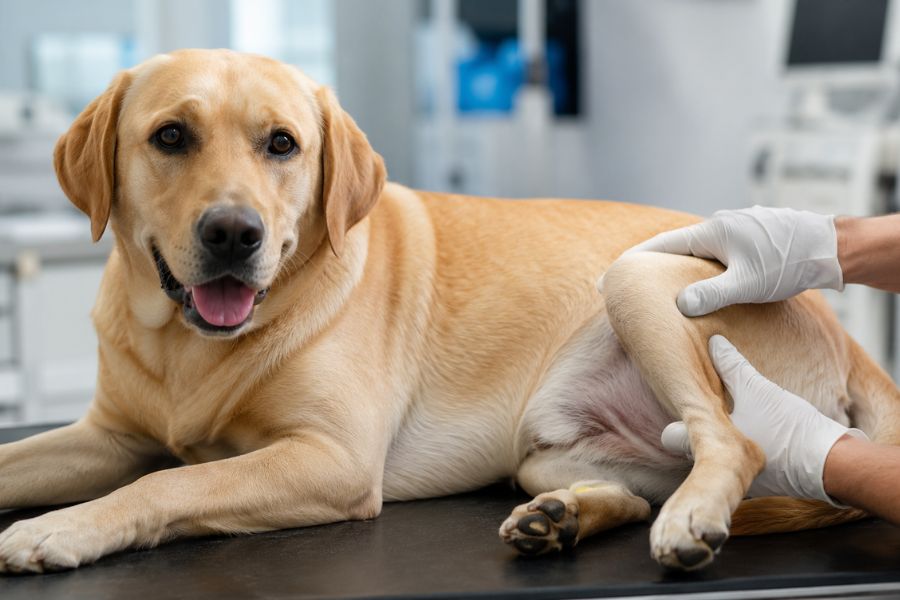 Veterinario examinando la rodilla de un perro Labrador en consulta ortopédica — Hospital Veterinario San Blass Armenia