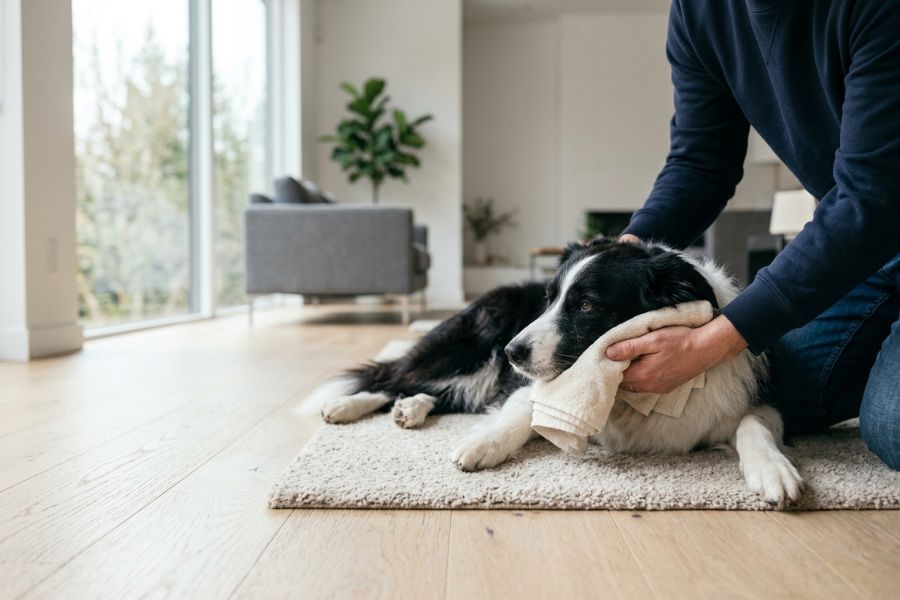 Border Collie durante una convulsión mientras una persona protege su cabeza y aplica correctamente los primeros auxilios antes de acudir al veterinario.