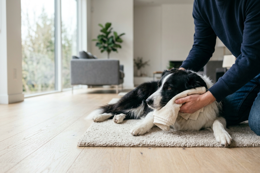 Border Collie durante una convulsión mientras una persona protege su cabeza y aplica correctamente los primeros auxilios antes de acudir al veterinario.