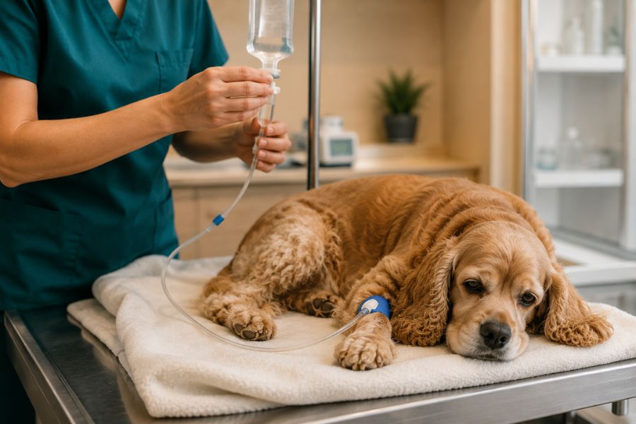 Perro Cocker Spaniel hospitalizado con una vía intravenosa de suero para limpiar toxinas de su organismo y proteger los riñones.