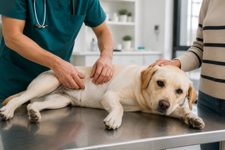 Veterinario realizando palpación abdominal a un perro Labrador para evaluar dolor o rigidez causados por la ingesta de sustancias tóxicas.