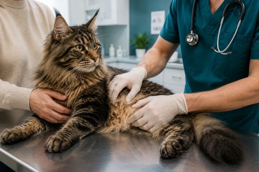 Veterinario realiza un examen abdominal a un gato Maine Coon para identificar la causa de la pérdida de apetito.