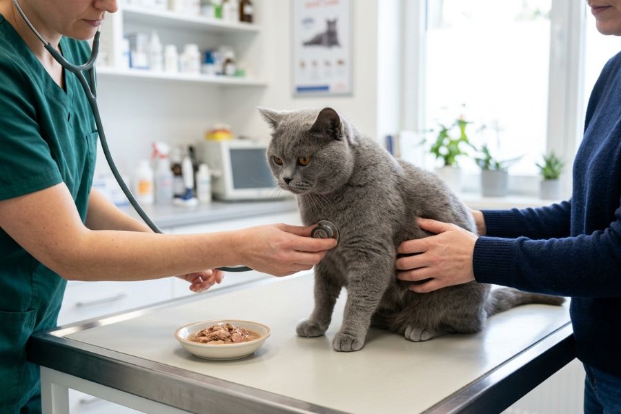Gato British Shorthair durante una consulta veterinaria por pérdida de apetito mientras es examinado por un médico veterinario.