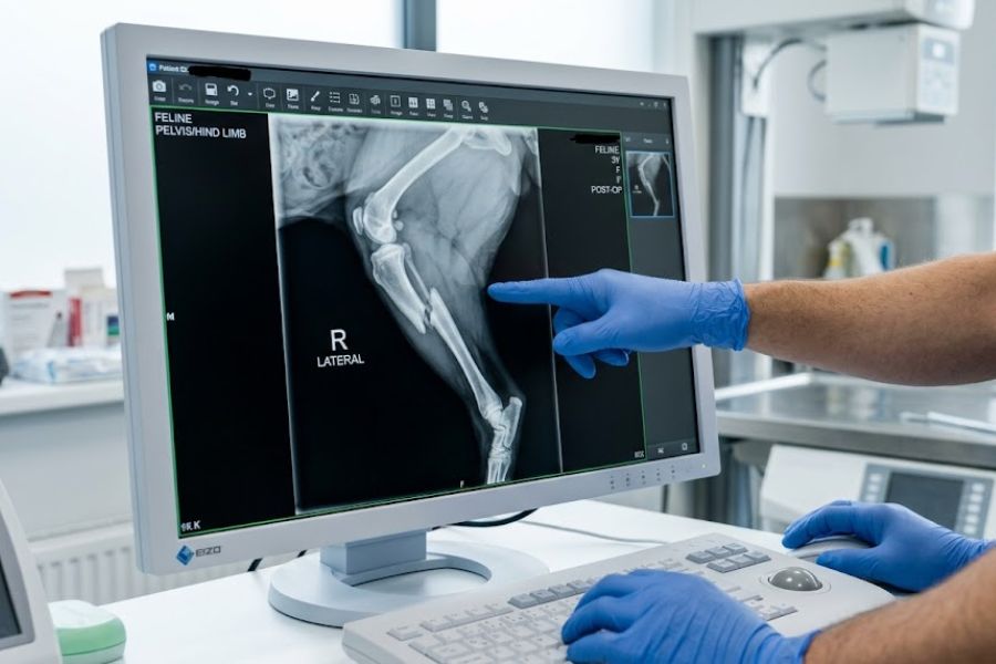 Radiografía veterinaria para detectar fracturas y lesiones óseas en un gato
