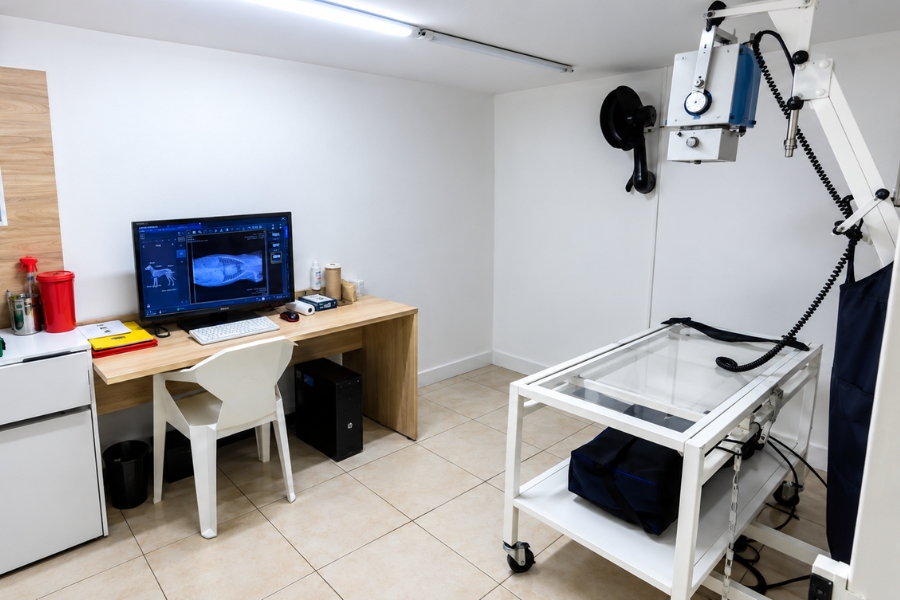 Consultorio de radiografía veterinaria con equipo de rayos X digital