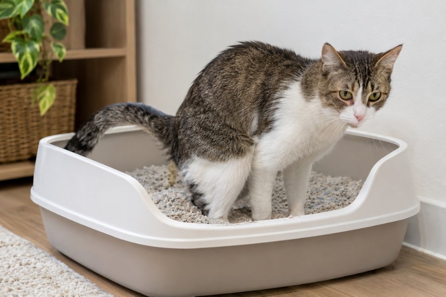 Gato en el arenero con posibles síntomas urinarios