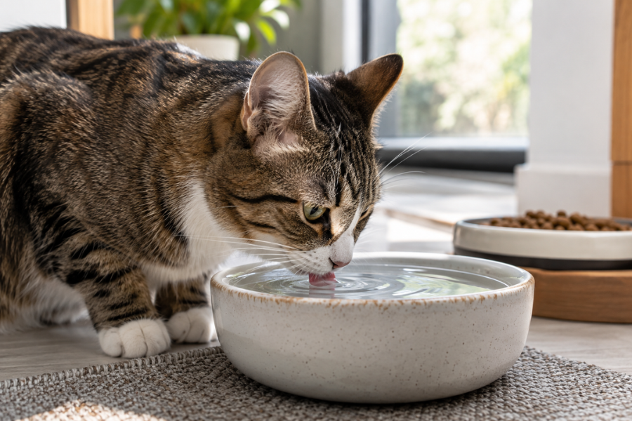 Gato bebiendo mucha agua en casa