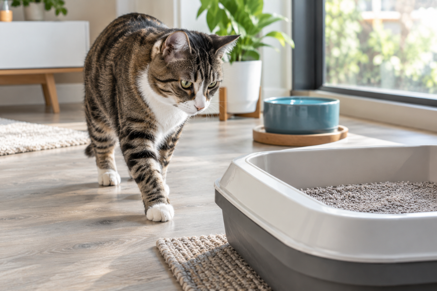 Gato con cambios en el consumo de agua y hábitos urinarios
