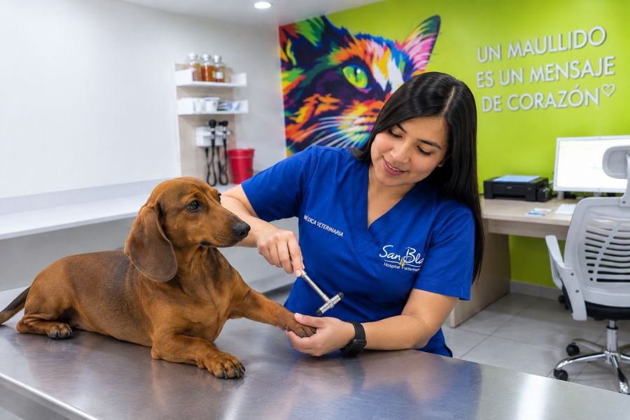 Examen neurológico veterinario y evaluación de reflejos en perro