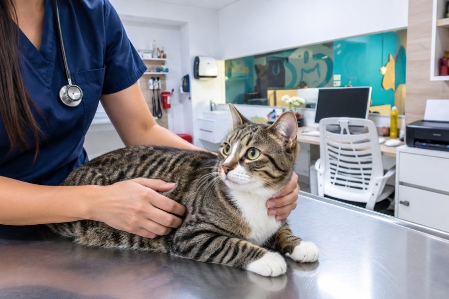 Gato durante una consulta veterinaria por síntomas urinarios