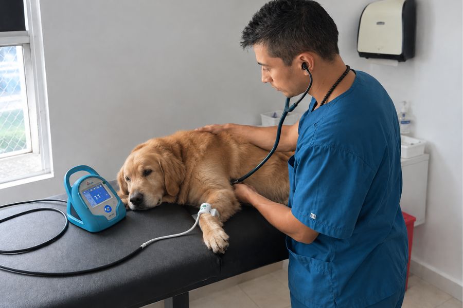 Veterinario auscultando el corazón de un Golden Retriever con un estetoscopio