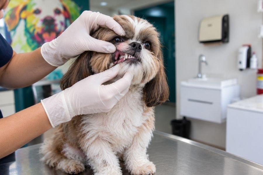 Perro Shih Tzu durante una revisión veterinaria de sus encías