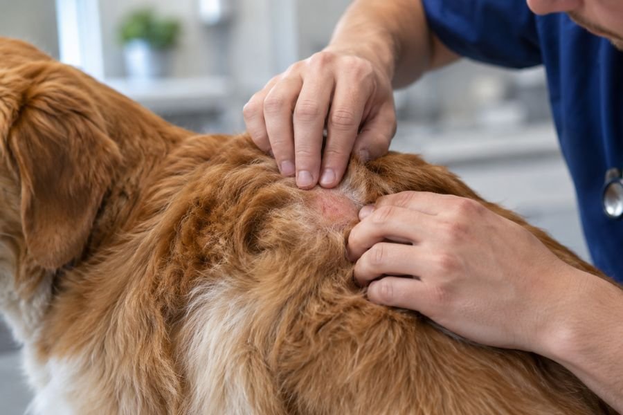Veterinario revisando la piel de un perro con picazón