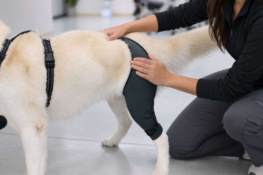 Especialista ajustando una órtesis o soporte de neopreno en la pata trasera de un perro clar