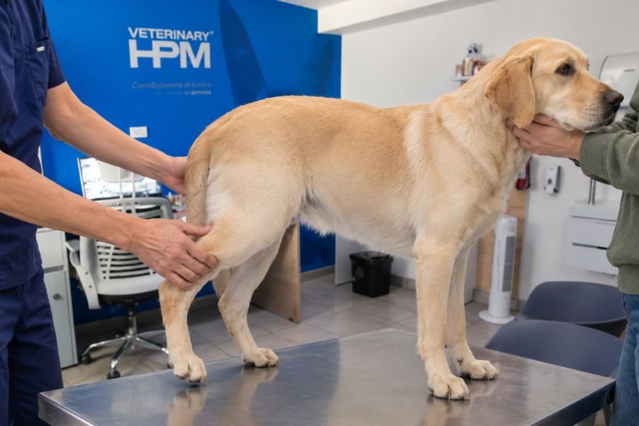 Veterinaria revisando la rodilla trasera de un labrador durante un examen ortopédico