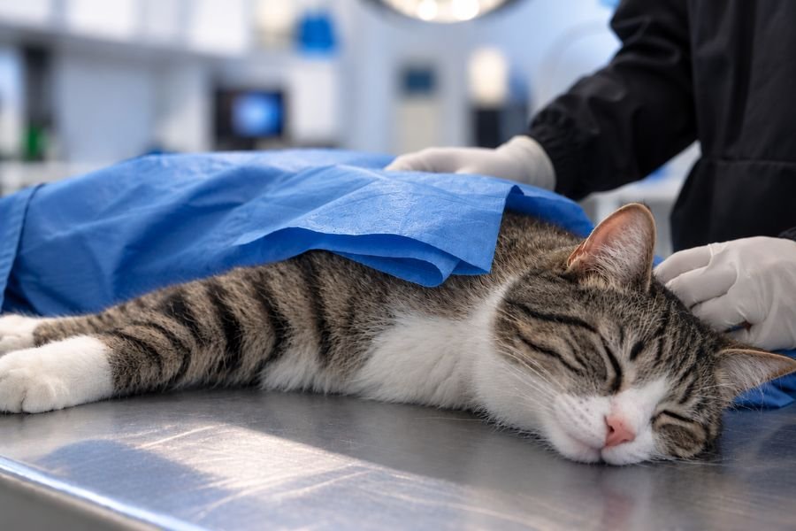 Gato acostado en una mesa veterinaria con una cubierta quirúrgica azul mientras recibe atención profesional.