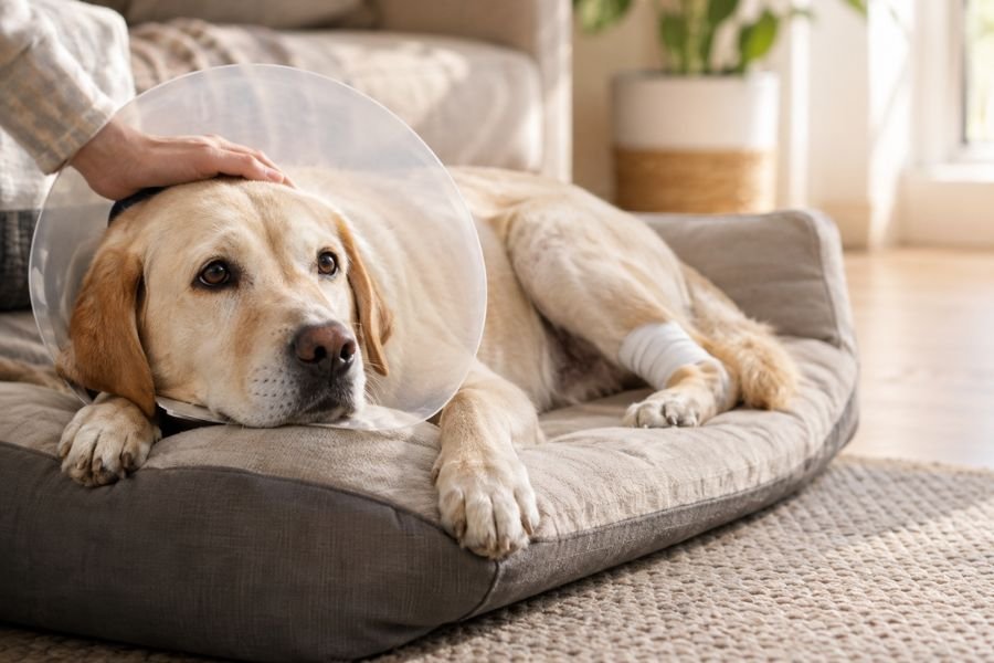 Perro labrador con collar isabelino y vendaje en la pata trasera descansando en casa tras una cirugía ortopédica