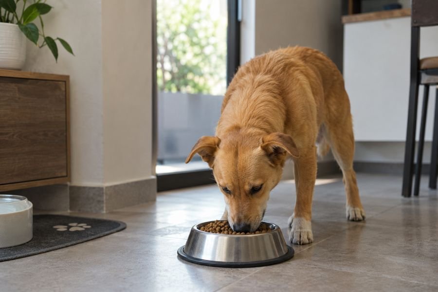 Perro mestizo de pelaje dorado comiendo croquetas de un plato metálico
