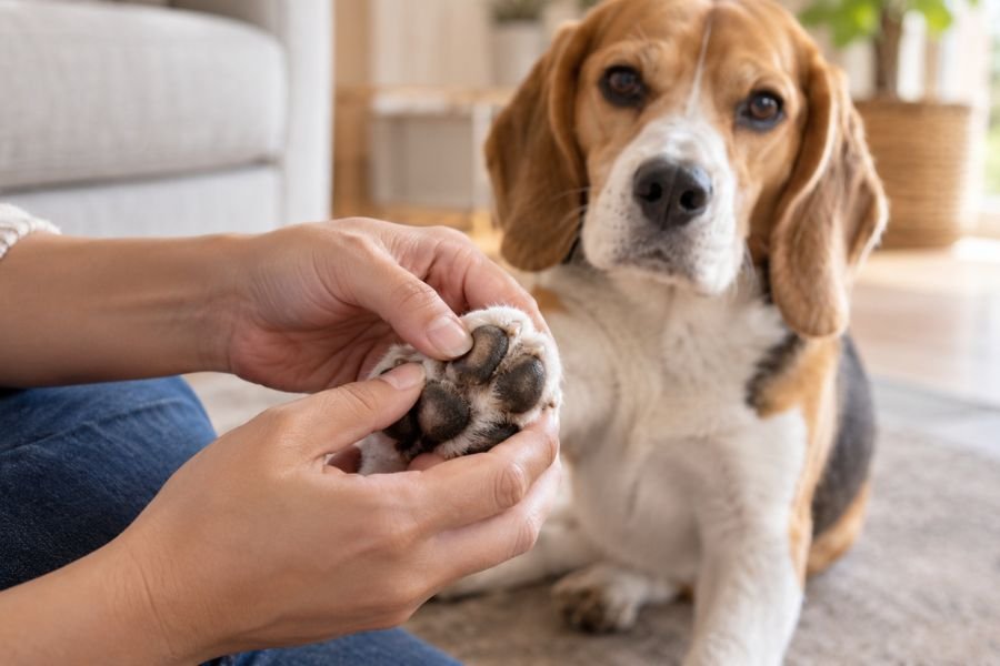 Manos revisando las almohadillas y los espacios entre los dedos de la pata de un perro en casa