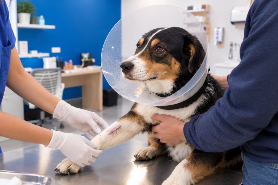 Perro con collar isabelino transparente y cicatriz con sutura en la pata delantera en una clínica veterinaria