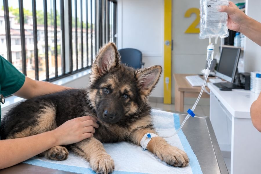 Veterinaria examinando a un cachorro con suero intravenoso durante el tratamiento del parvovirus